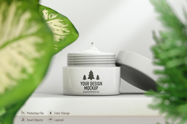 Cosmetische pot mockup geïsoleerd rond planten