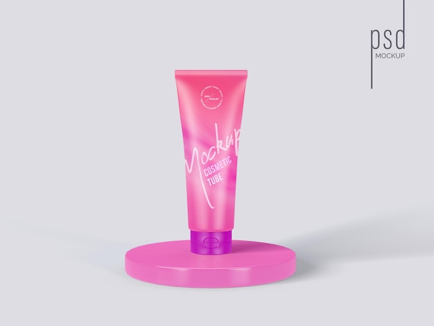 Cosmetische tube verpakking mockup vooraanzicht met roze podium podium