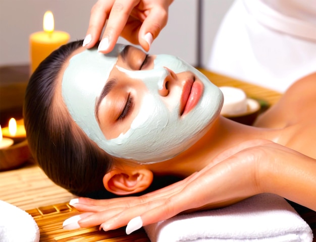 PSD cosmetologist applying mask on a face of client in a beauty salon