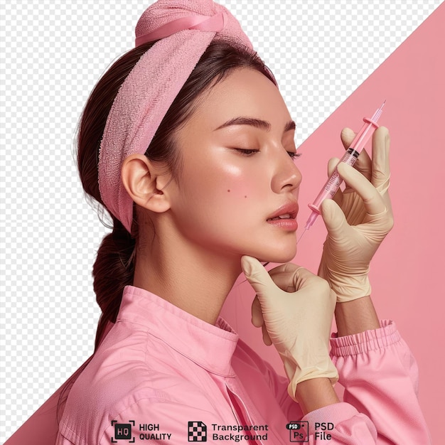 PSD cosmetologist injecting collagen to her clients face with a pink wall in the background she wears a pink shirt with a pink collar and a pink cuff png psd