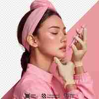 PSD cosmetologist injecting collagen to her clients face with a pink wall in the background she wears a pink shirt with a pink collar and a pink cuff png psd