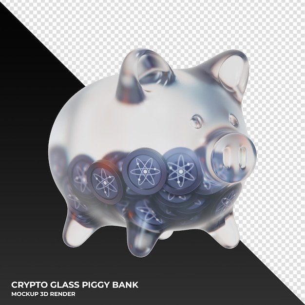 Cosmos atom glass piggy bank with crypto coins 3d illustration