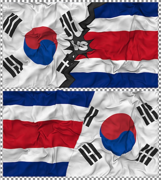 Costa Rica versus Zuid-Korea Half Combined Flag Cloth Bump Texture 3D Rendering