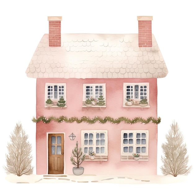 PSD cosy christmas pink house clipart in waterverf