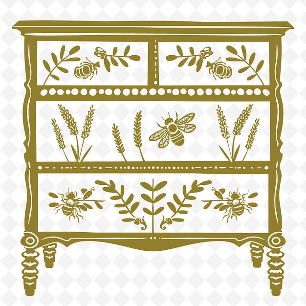 PSD cottage style dresser outline with lavender design and bee illustration decor motifs collection