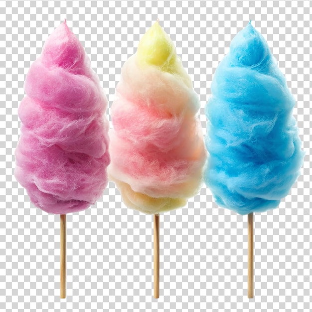 PSD cotton candy-collectie in drie verschillende kleuren geïsoleerd op een doorzichtige achtergrond