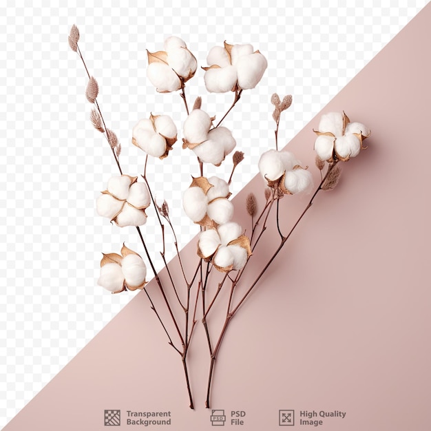 PSD cotton flower branch isolated overhead view on transparent background