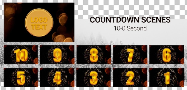 Countdown screens with golden numbers, ten to zero. Logo, text template design.