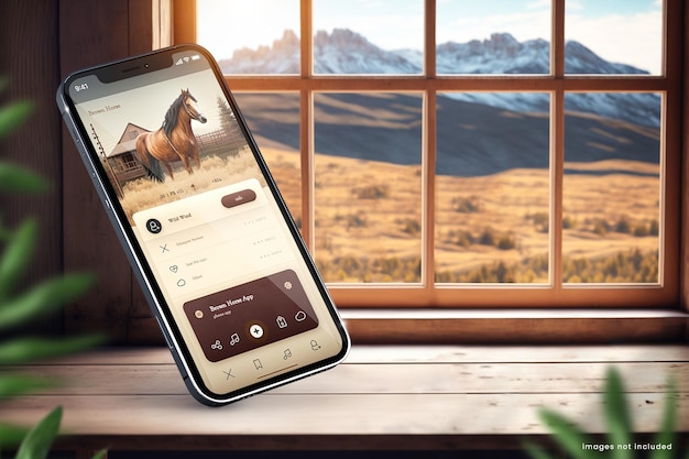 PSD country iphone 14 mockup of two phones on bright rustic farm background