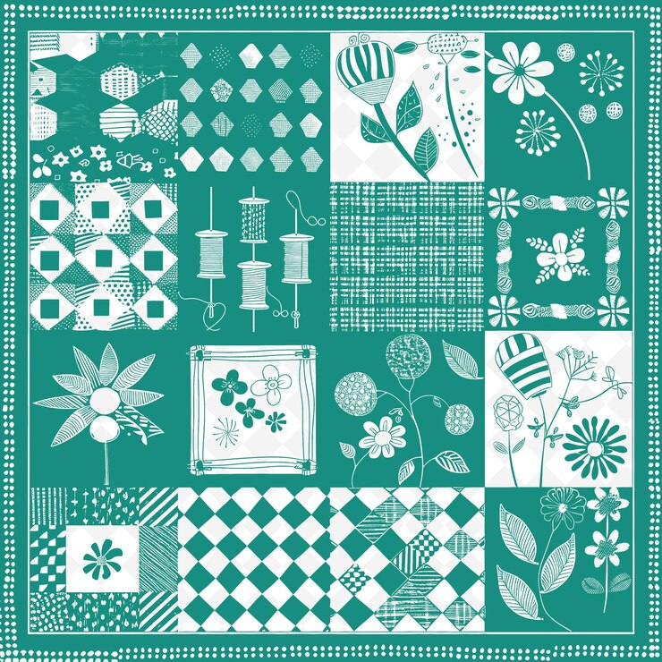 PSD country quilt outline with patchwork pattern and thread det illustration decor motifs collection