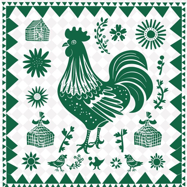 PSD country rooster folk art with checkered pattern a png outline frame on clean background kolekcja