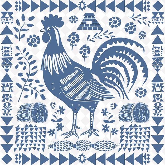 PSD country rooster folk art with checkered pattern an png outline frame on clean background collection