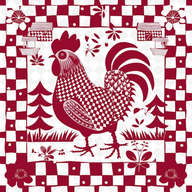 PSD country rooster outline with checkered pattern and barn ins illustration decor motifs collection (kontynut koguta z rysunkiem karcianym i ilustracją w stodołach)