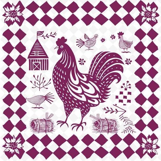 Country Rooster Outline With Checkered Pattern And Barn Ins Illustration Decor Motifs Collection (kontynut Koguta Z Rysunkiem Karcianym I Ilustracją W Stodołach)