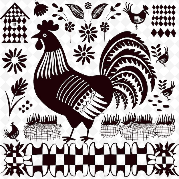 Country rooster outline with checkered pattern and barn ins illustration decor motifs collection