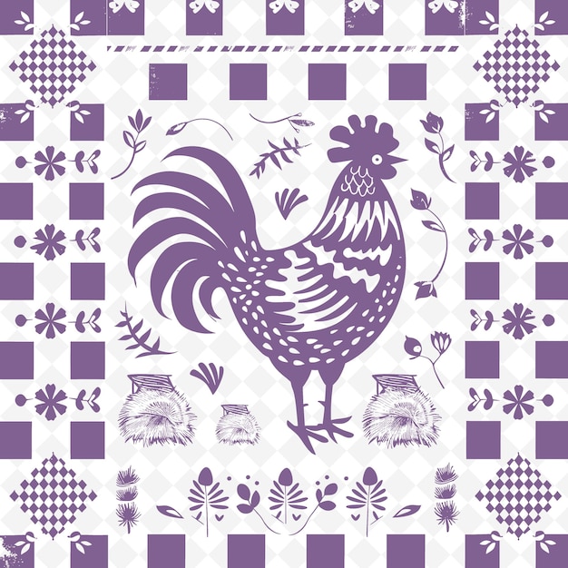 PSD country rooster outline with checkered pattern and barn ins illustration decor motifs collection