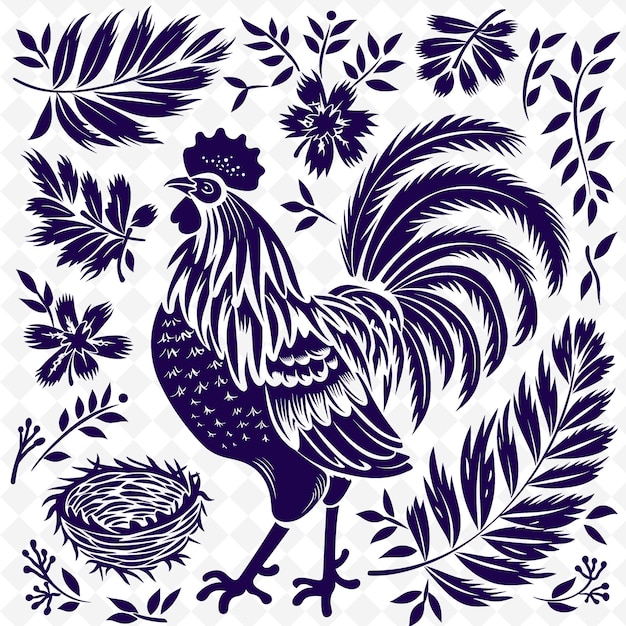 Contorno di gallo di campagna con modello di piume e nido detai illustrazione motivi di decorazione collezione