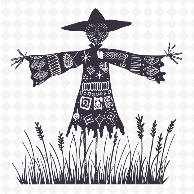 PSD country scarecrow outline z wzorem słomy i patch detail ilustracja kolekcja motywów dekoracyjnych