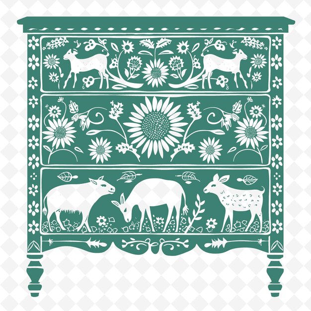 PSD country style dresser outline with barnyard animals and sun illustration decor motifs collection