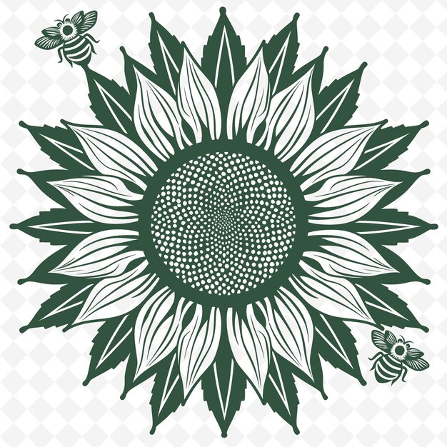 Country Sunflower Outline With Petal Pattern And Bee Detail Illustration Decor Motifs Collection (krajowy Kontur Słonecznika Z Wzorem Płatków I Szczegółami Pszczół)