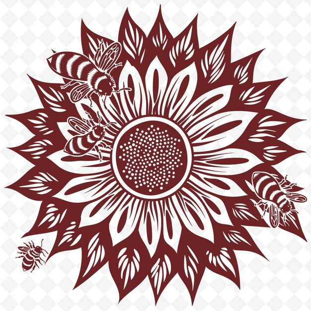 PSD country sunflower outline with petal pattern and bee detail illustration decor motifs collection