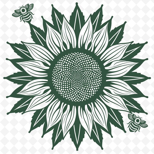 PSD contorno di girasole di campagna con disegno di petali e dettagli di api illustrazione collezione di motivi di decorazione