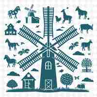 PSD country windmill outline with blade pattern and farm detail illustration decor motifs collection (krajowy kontur wiatraka z wzorem ostrza i ilustracją szczegółów farmy)