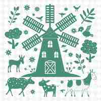 PSD country windmill outline with blade pattern and farm detail illustration decor motifs collection (krajowy kontur wiatraka z wzorem ostrza i ilustracją szczegółów farmy)