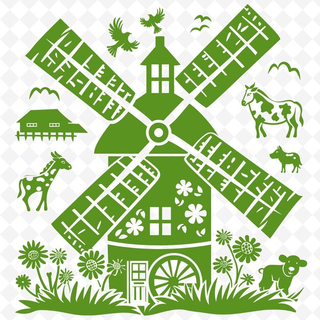 PSD country windmill outline with blade pattern and farm detail illustration decor motifs collection