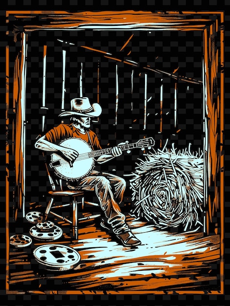 PSD country zanger die een banjo speelt in een schuur met hooibalen en vector illustration music poster idea