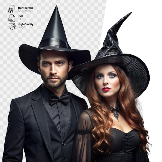 PSD couple dressed as witch and warlock in black outfits at halloween party evening