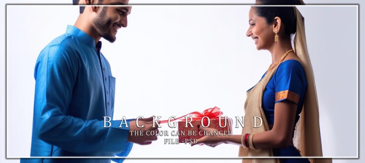 PSD couple exchanging gift in traditional indian attire