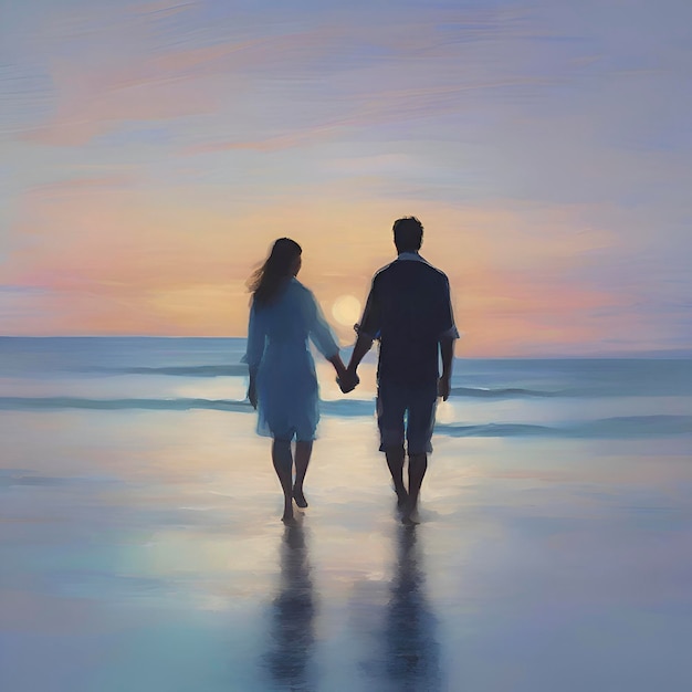 PSD couple holding hands on the beach at sunset pastel colors in impressionist style aigenerated