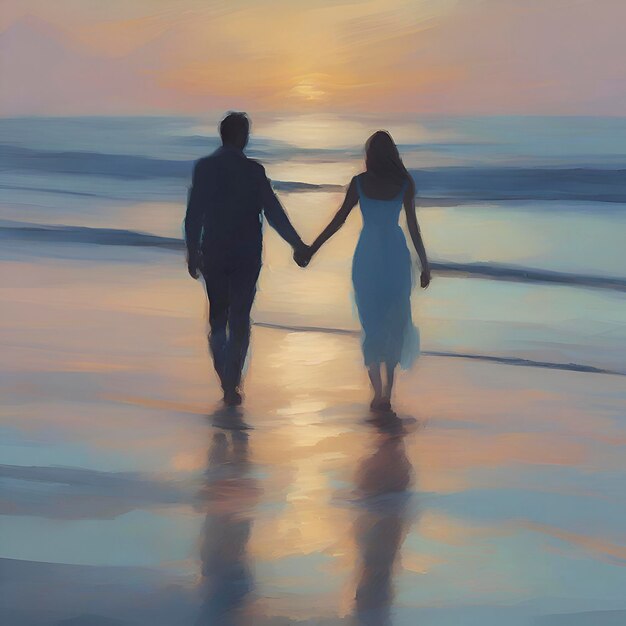 PSD Пара, держащаяся за руки на пляже на закате пастельные тона в стиле импрессионизма aigenerated