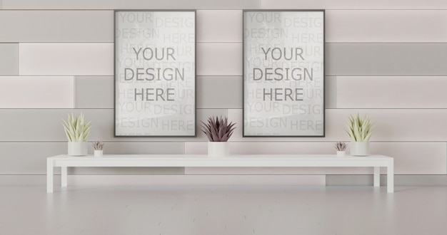 PSD couple horizontal frame mockup on the white tile wall