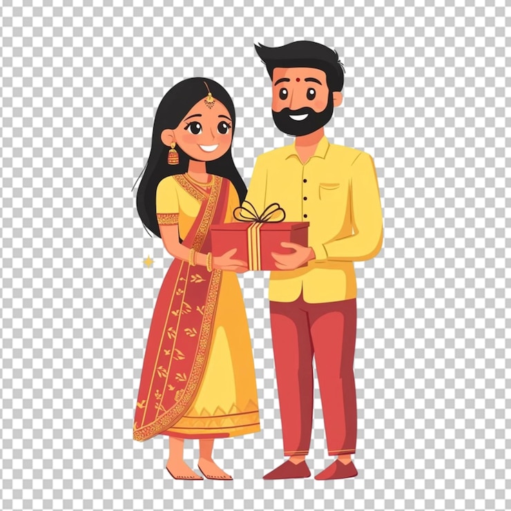 PSD couple indian exchanging gift box on transparent background