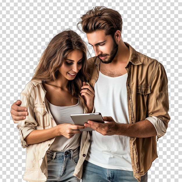 PSD a couple is looking at a tablet with the screen behind them