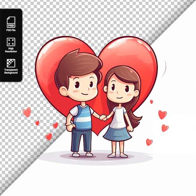 PSD couple in love on the background of a big red heart for valentines day isolated on a transparent ba