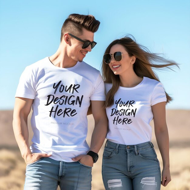 Couple in love matching white t shirt psd mockup outside sunny weather