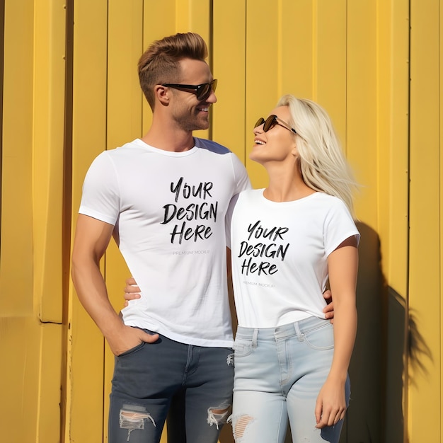PSD coppia innamorata che si abbinano a una maglietta bianca psd mockup fuori tempo soleggiato