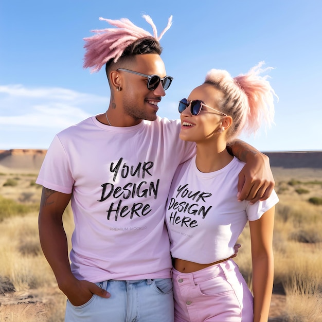 PSD couple in love matching white t shirt psd mockup outside sunny weather