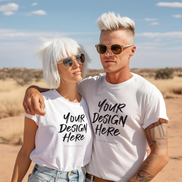 Couple in love matching white t shirt psd mockup outside sunny weather