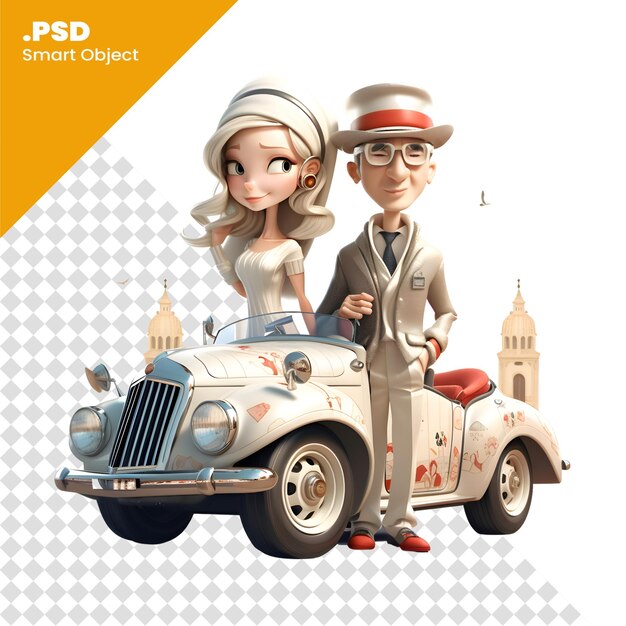 PSD couple in love on a retro car 3d rendering psd template