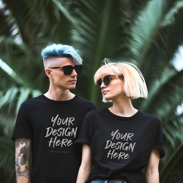 Couple matching black t-shirt psd mockup perfetto per il giorno di san valentino