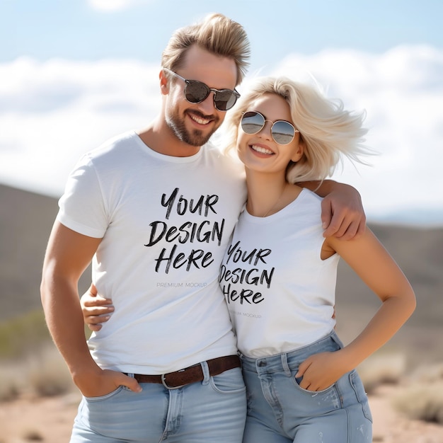 Couple matching white t-shirt psd mockup perfetto per il giorno di san valentino