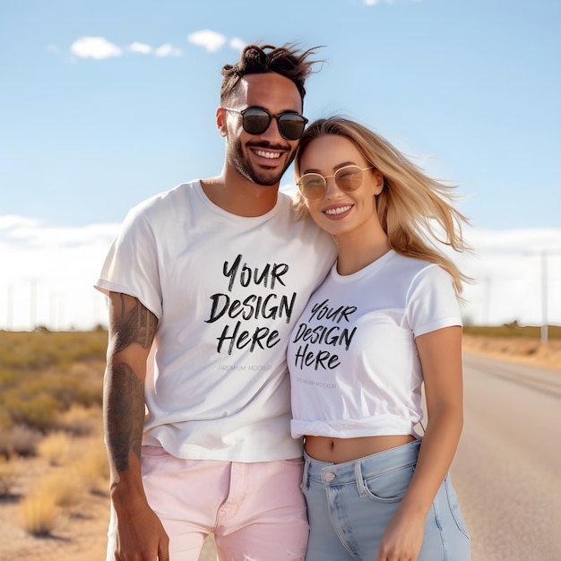 Couple matching white t-shirt psd mockup perfetto per il giorno di san valentino