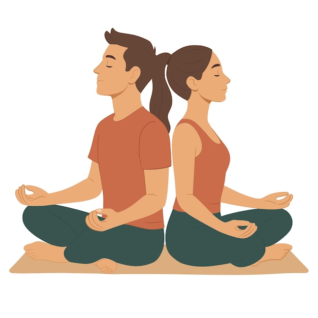 couple meditating breathing yoga pose illustration