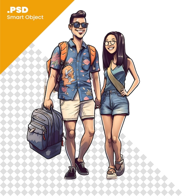 PSD 街を歩いている観光客のカップル 夏休み ベクトルイラスト psd テンプレート