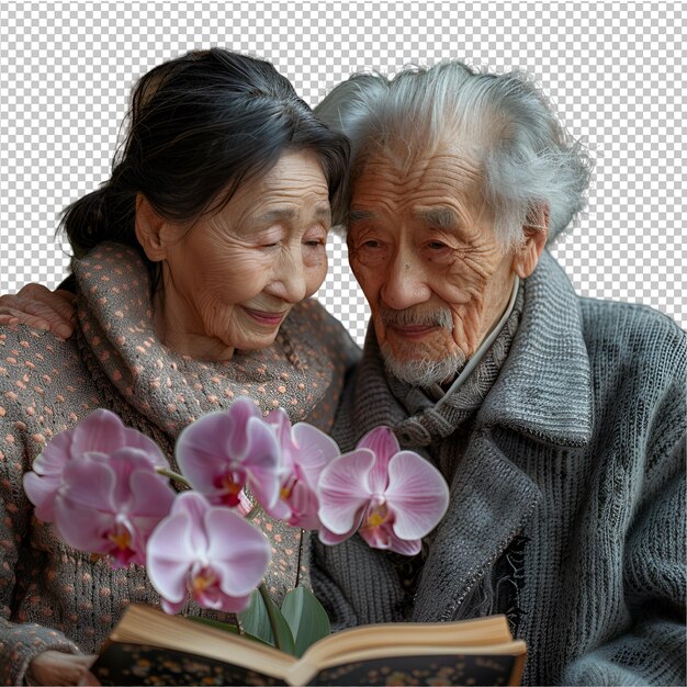 PSD a couple of old people are looking at a book with purple flowers