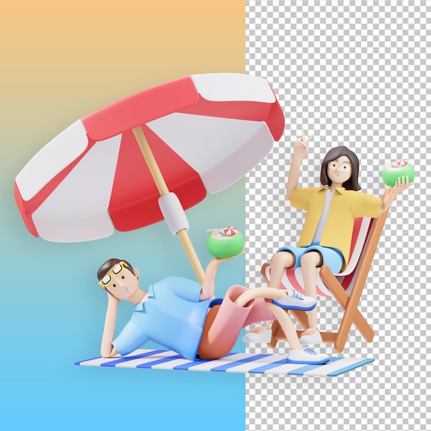 A couple of people are sitting on a beach chair and one of them is holding a drink 3d illustration